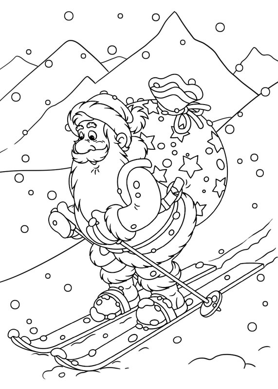 Winter Weihnachten Weihnachtsmann Skifahren coloring page for children
