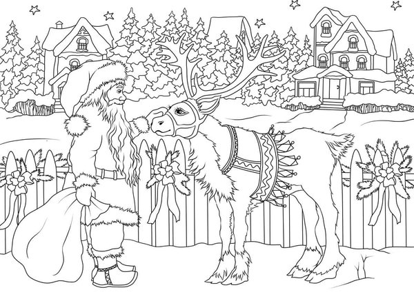 Christmas Coloring Page: Santa Claus & Reindeer