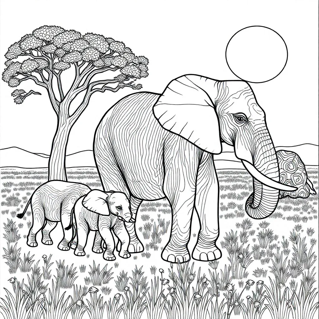 kudde olifanten in de savanne coloring page for children
