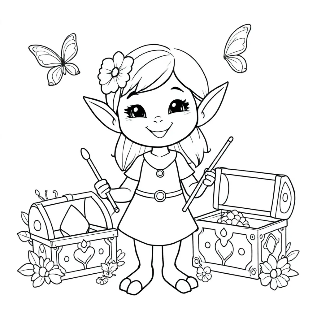 girl elf with girlie suff coloring page for children