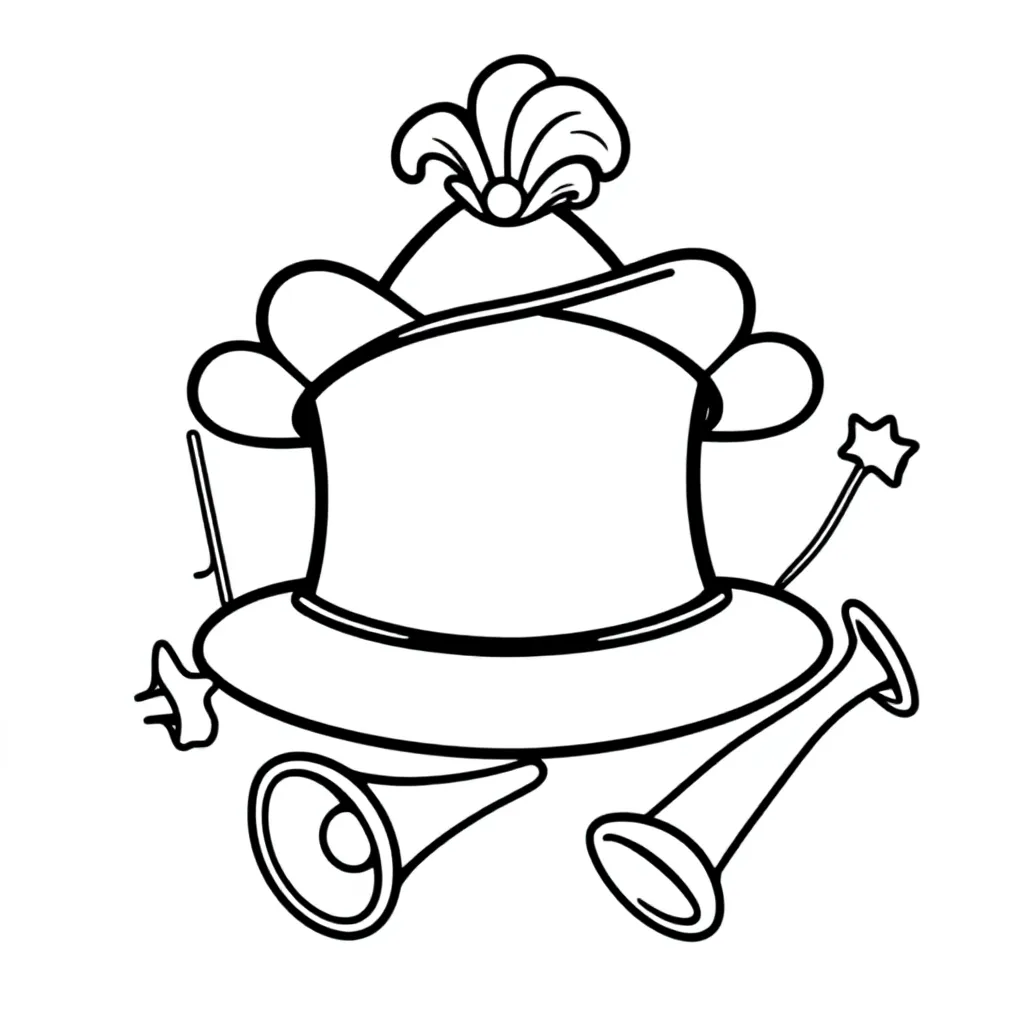 ik wil een kleurplaat met een carnavalssteek een feestmuts serpentiewnius en een trompet kleurplaat