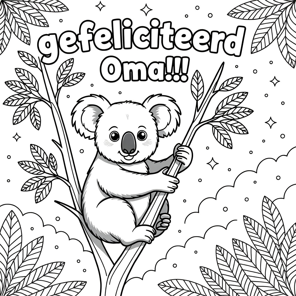 Kleurplaat: koala beertj hangt aan tak met tekst 'gefeliciteerd oma!!!'