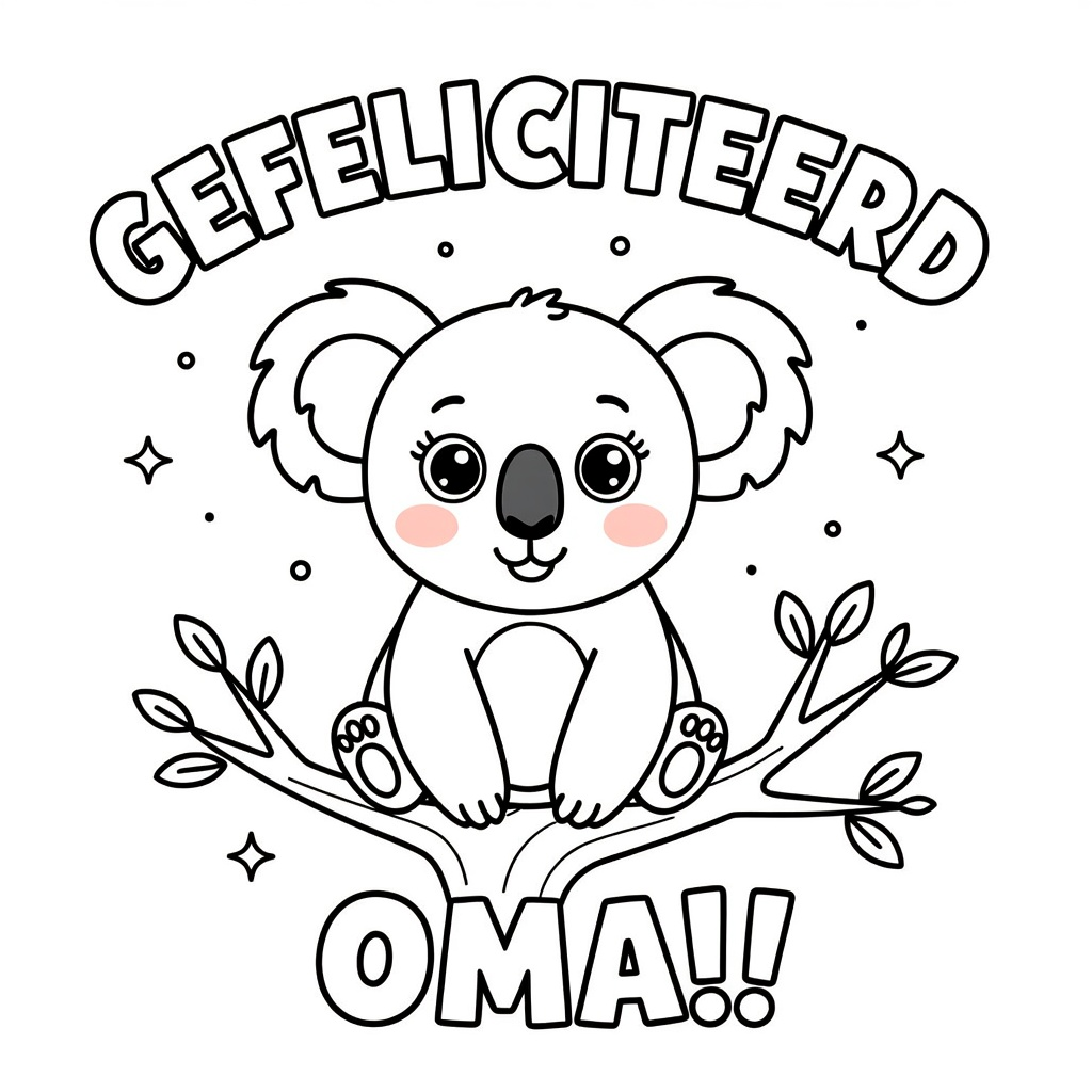 Kleurplaat: koalabeertje met tekst 'gefeliciteerd oma!!!'