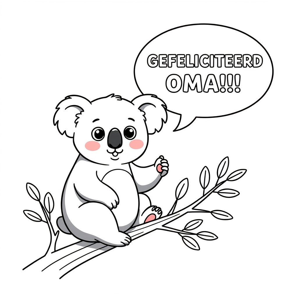Kleurplaat: koalabeertje met tekst 'gefeliciteerd oma!!!'