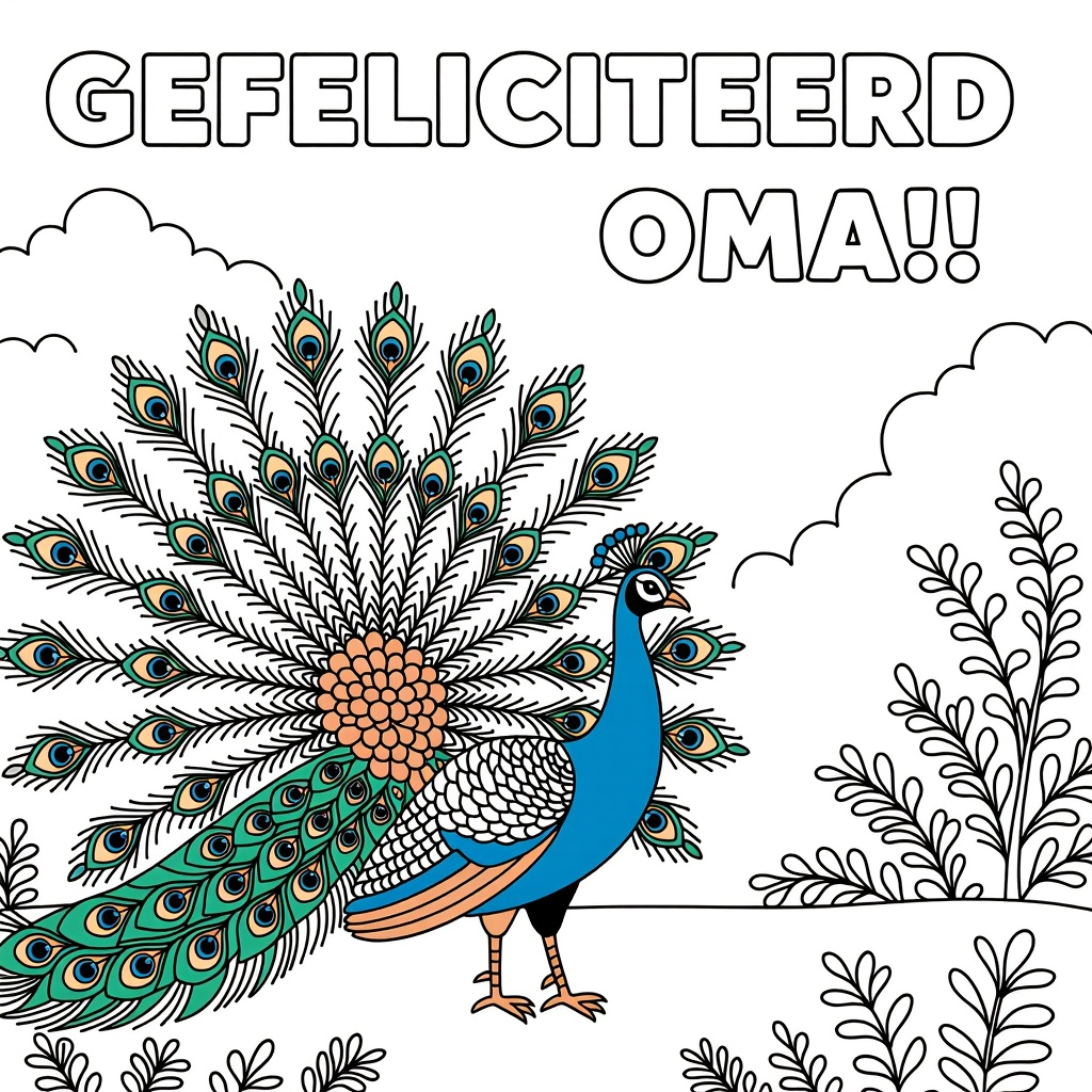 Kleurplaat: pauw met tekst 'gefeliciteerd oma!!!'