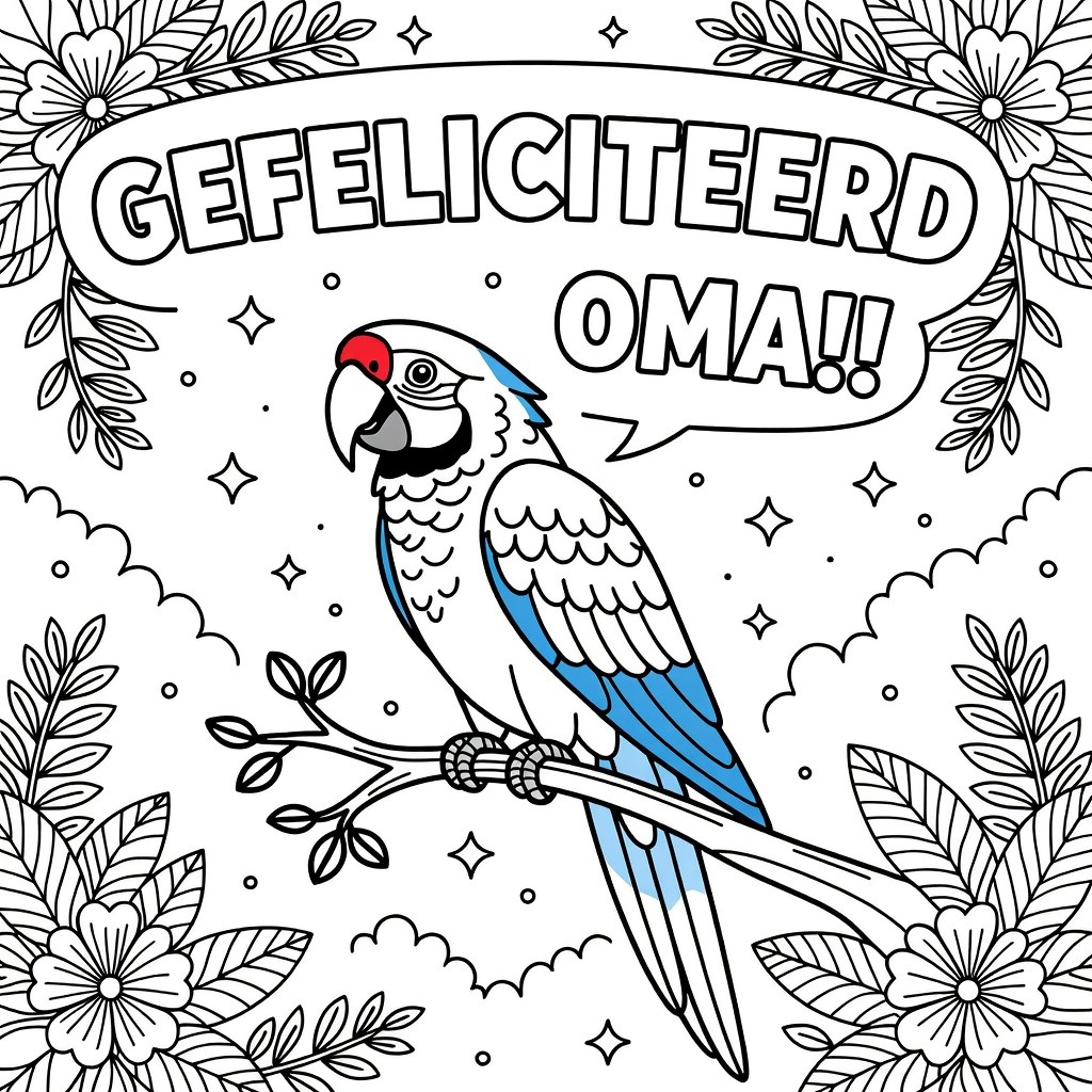 Kleurplaat: papegaai met tekst 'gefeliciteerd oma!!!'