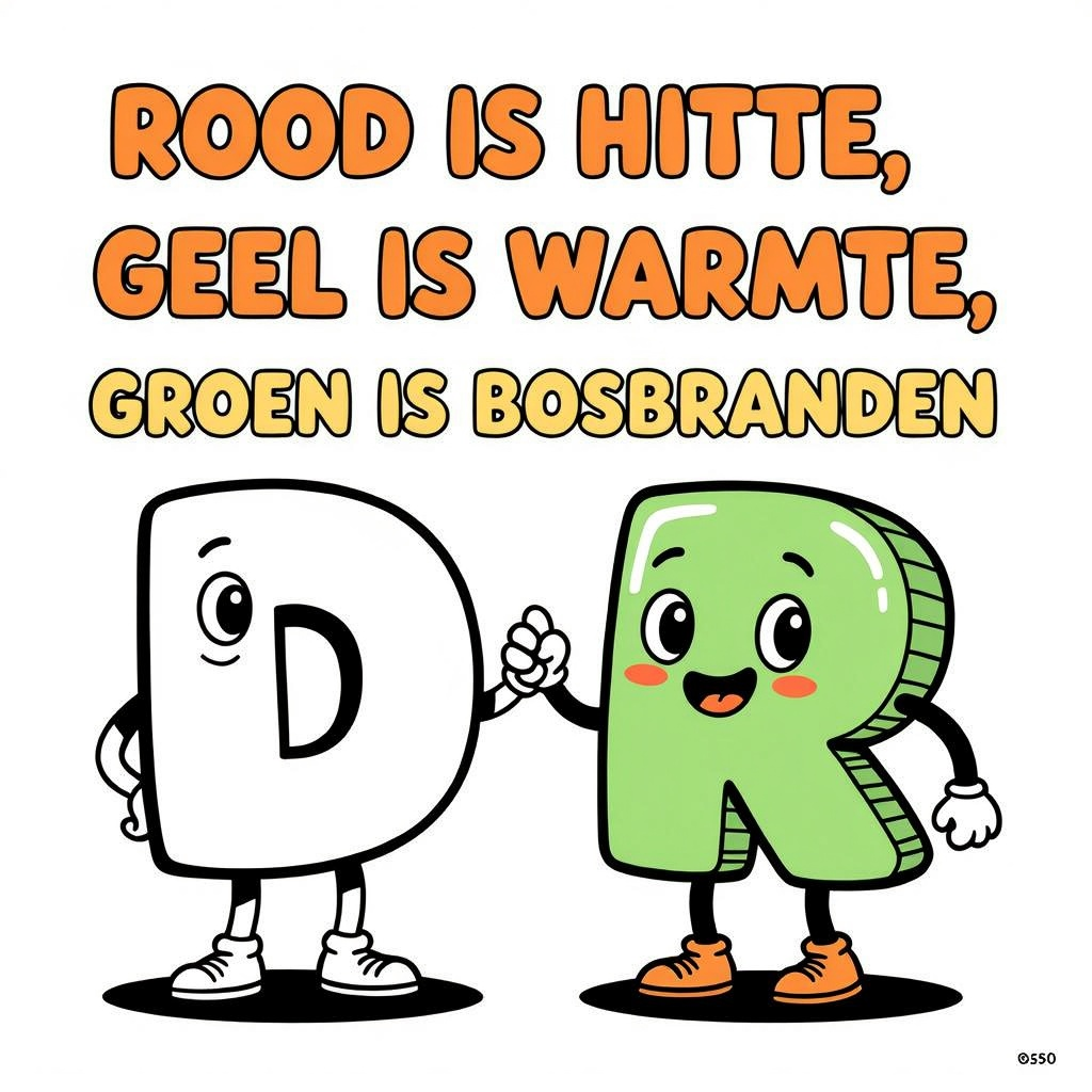 Kleurplaat: met tekst 'rood is Hitte, Geel is warmte, groen is bosbranden'