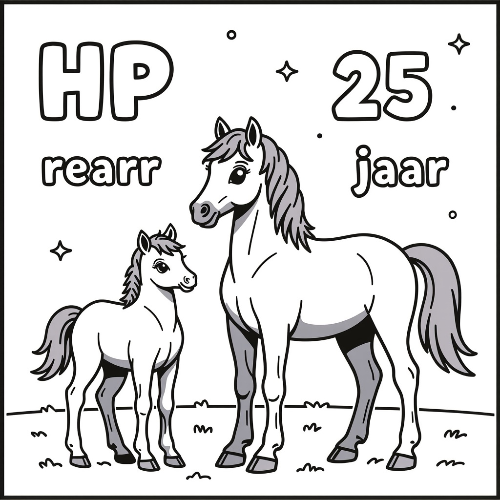 Kleurplaat: stijgerend merie vuilen met moeder met tekst 'HP 25 jaar'