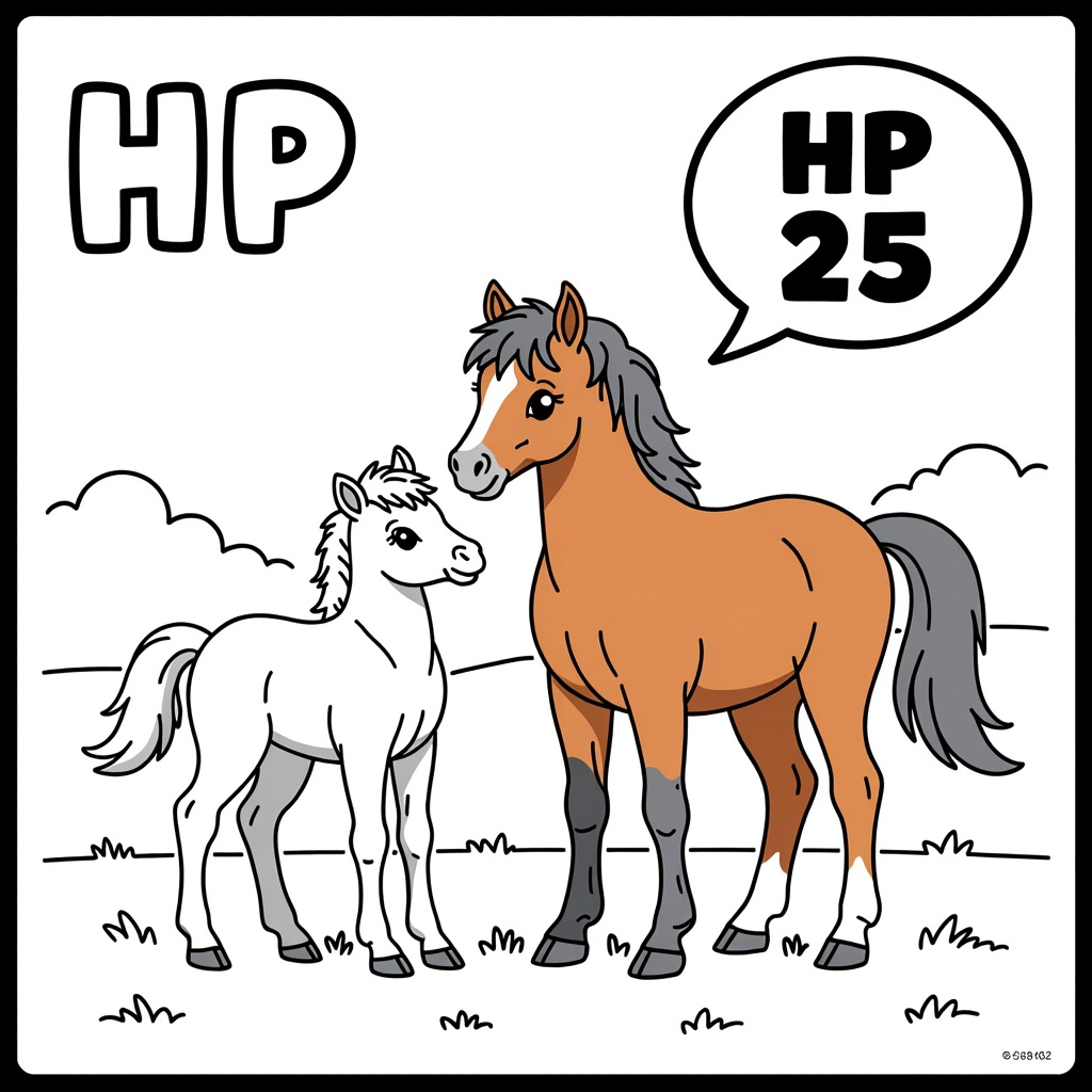 Kleurplaat: steigerend veulen met merrie met tekst 'HP 25'