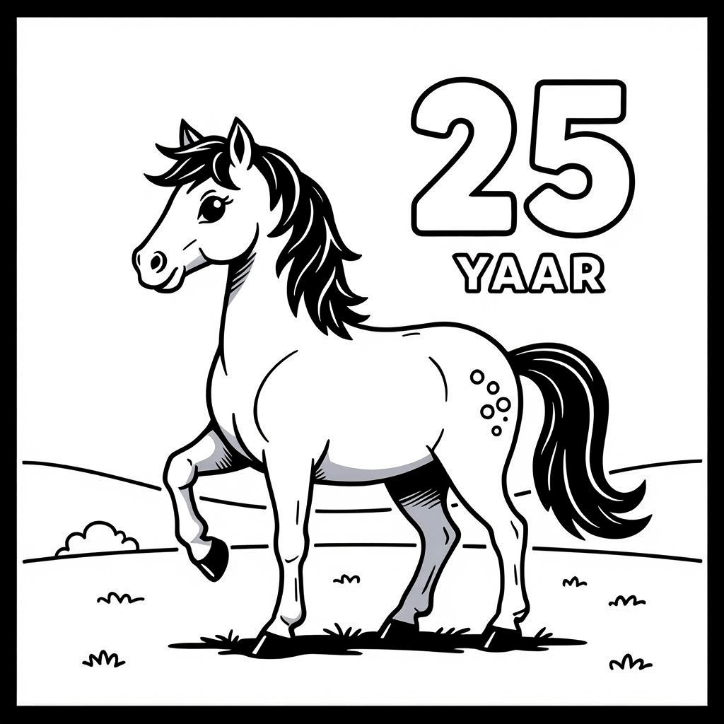 Kleurplaat: steigeren paard in de wei met tekst 'HP 25 jaar'