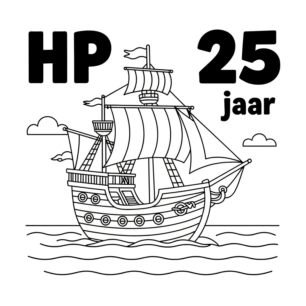 Kleurplaat: piratenschip op zee met tekst 'HP 25 jaar'