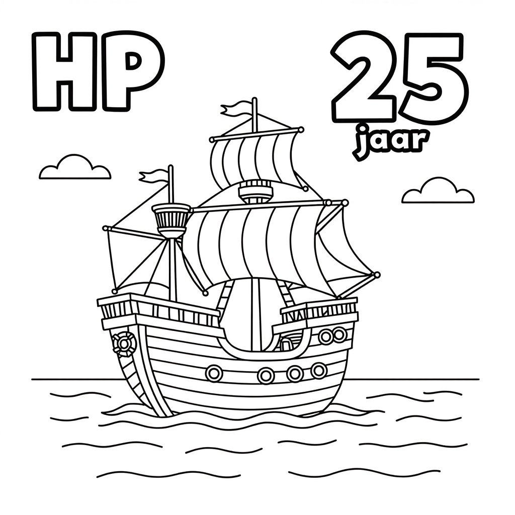 Kleurplaat: piratenschip op zee met tekst 'HP 25 jaar'