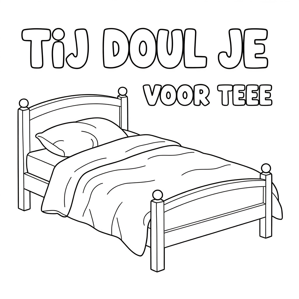 Kleurplaat: EEN TWEEPERSOONSBED MET VERFROMMELDE LAKENS met tekst 'tiJdje voor teee'