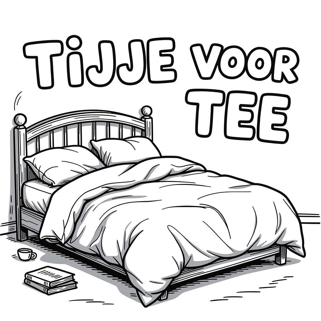 Kleurplaat: EEN TWEEPERSOONSBED MET VERFROMMELDE LAKENS met tekst 'TIJDJE VOOR TEE'