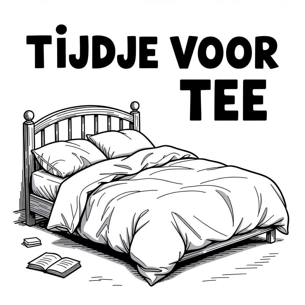 Kleurplaat: EEN TWEEPERSOONSBED MET VERFROMMELDE LAKENS met tekst 'TIJDJE VOOR TEE'