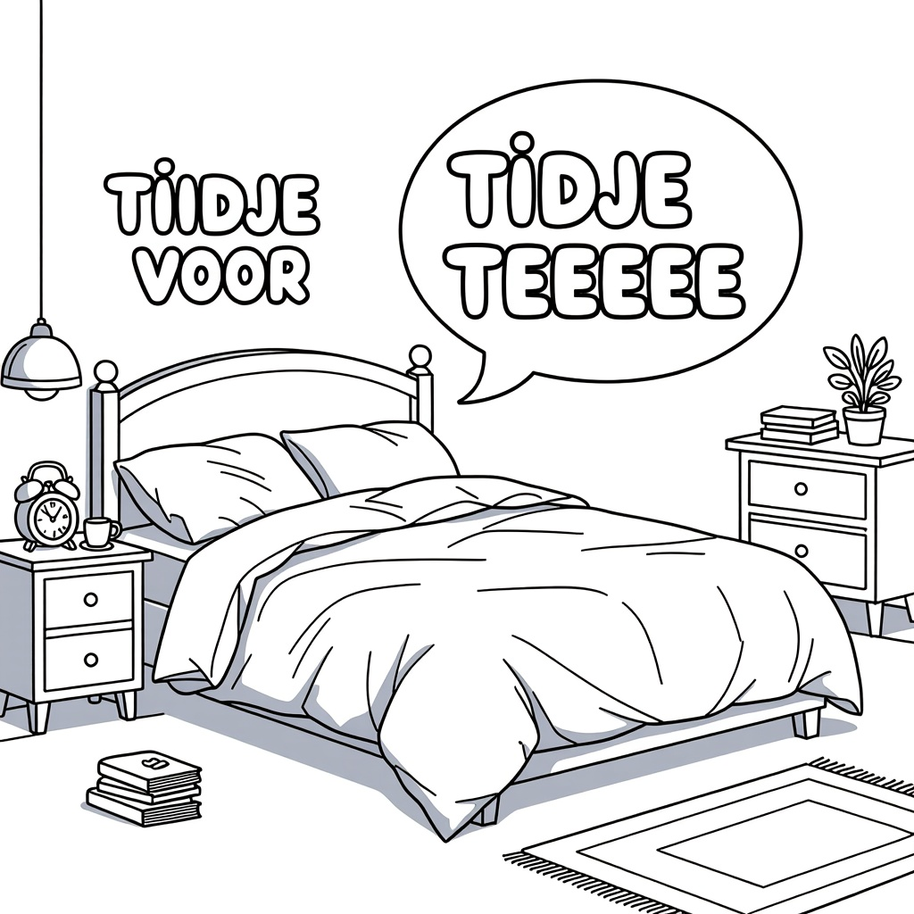 Kleurplaat: EEN TWEEPERSOONSBED MET VERFROMMELDE LAKENS met tekst 'TIJDJE VOOR TEEEEE'