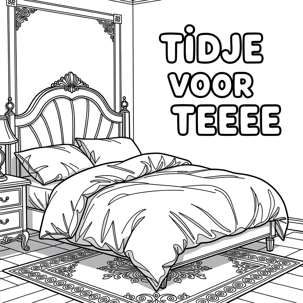 Kleurplaat: EEN TWEEPERSOONSBED MET VERFROMMELDE LAKENS met tekst 'TIJDJE VOOR TEEEEE'