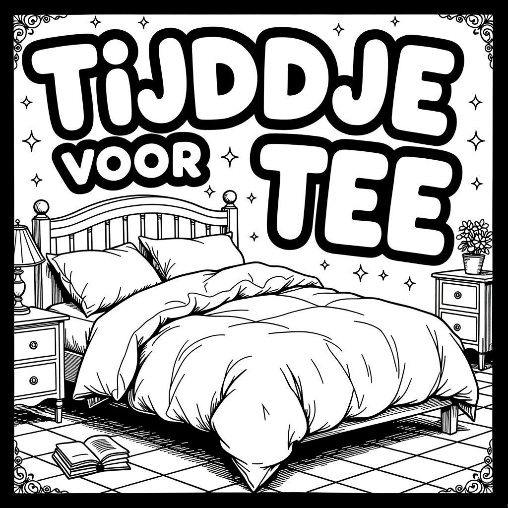 Kleurplaat: EEN TWEEPERSOONSBED MET VERFROMMELDE LAKENS met tekst 'TIJDJE VOOR TEEE'