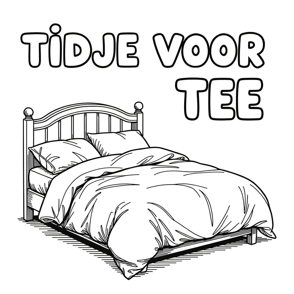 Kleurplaat: EEN TWEEPERSOONSBED MET VERFROMMELDE LAKENS met tekst 'TIJDJE VOOR TEEE'