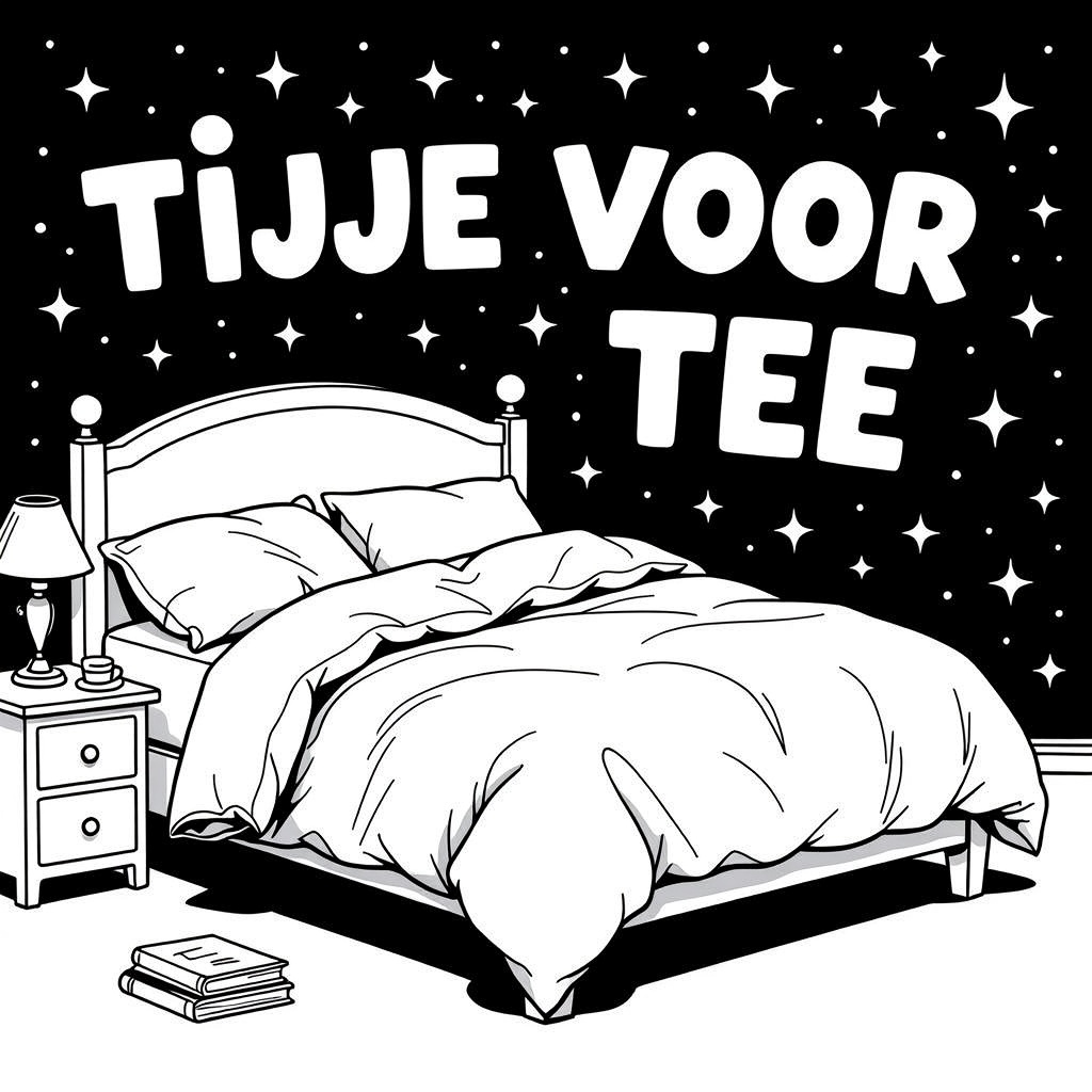 Kleurplaat: EEN TWEEPERSOONSBED MET VERFROMMELDE LAKENS met tekst 'TIJDJE VOOR TEEE'