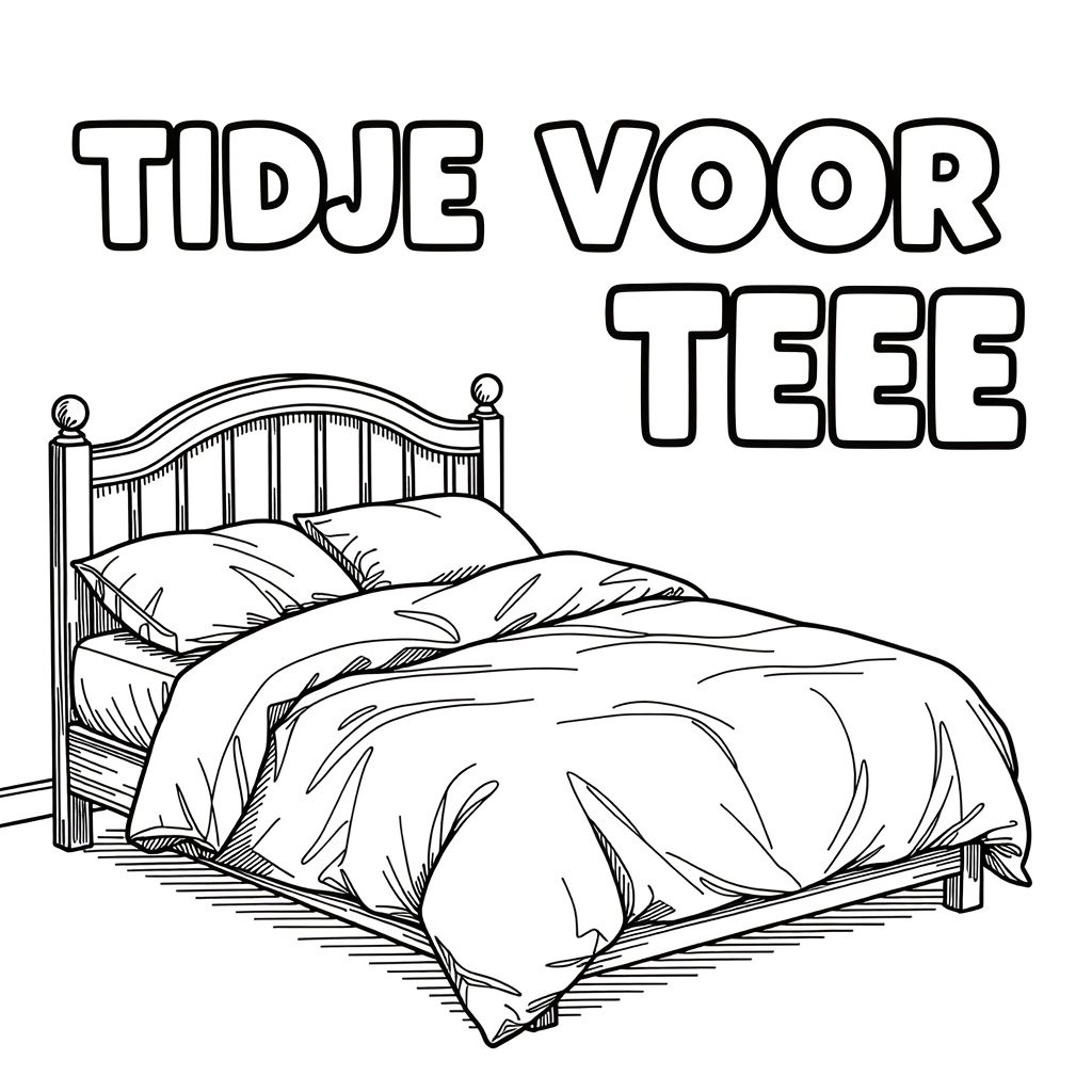 Kleurplaat: EEN TWEEPERSOONSBED MET VERFROMMELDE LAKENS met tekst 'TIJDJE VOOR TEEE'
