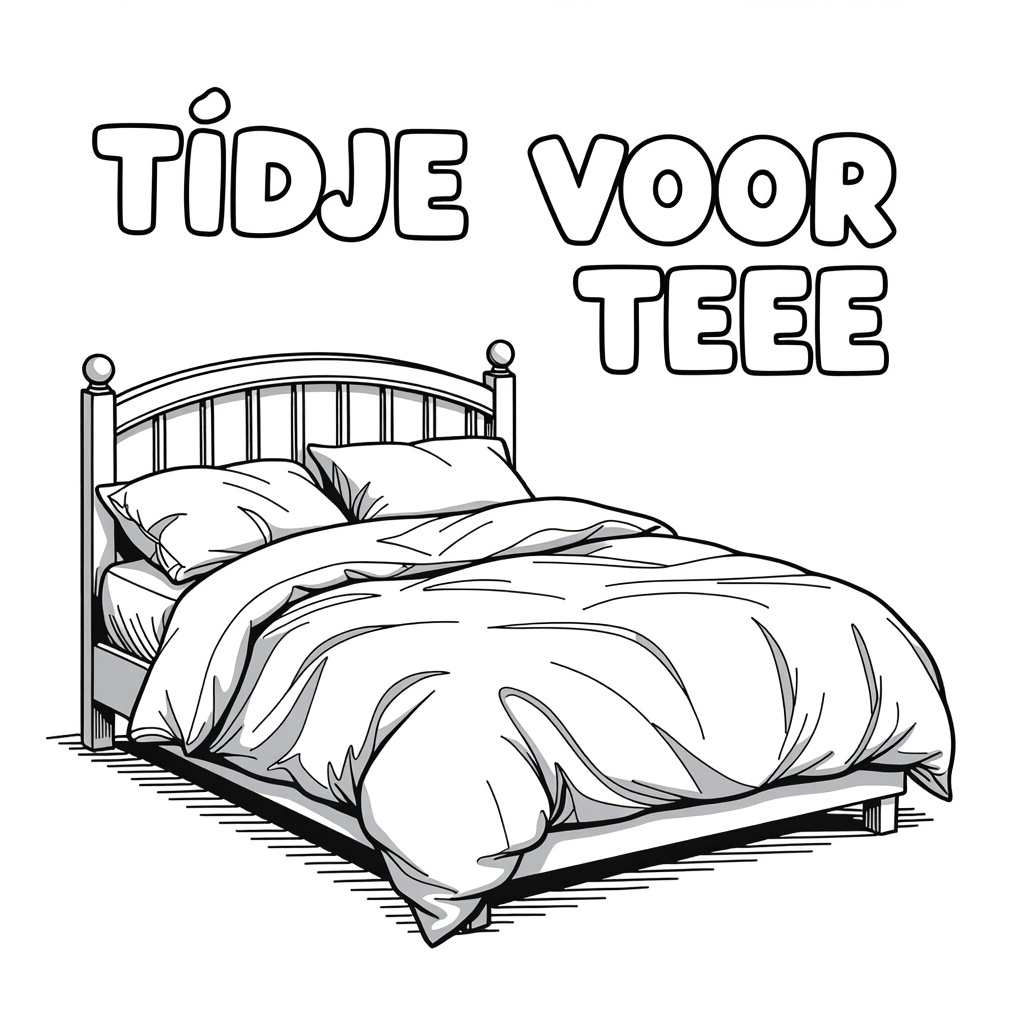 Kleurplaat: EEN TWEEPERSOONSBED MET VERFROMMELDE LAKENS met tekst 'TIJDJE VOOR TEEE'