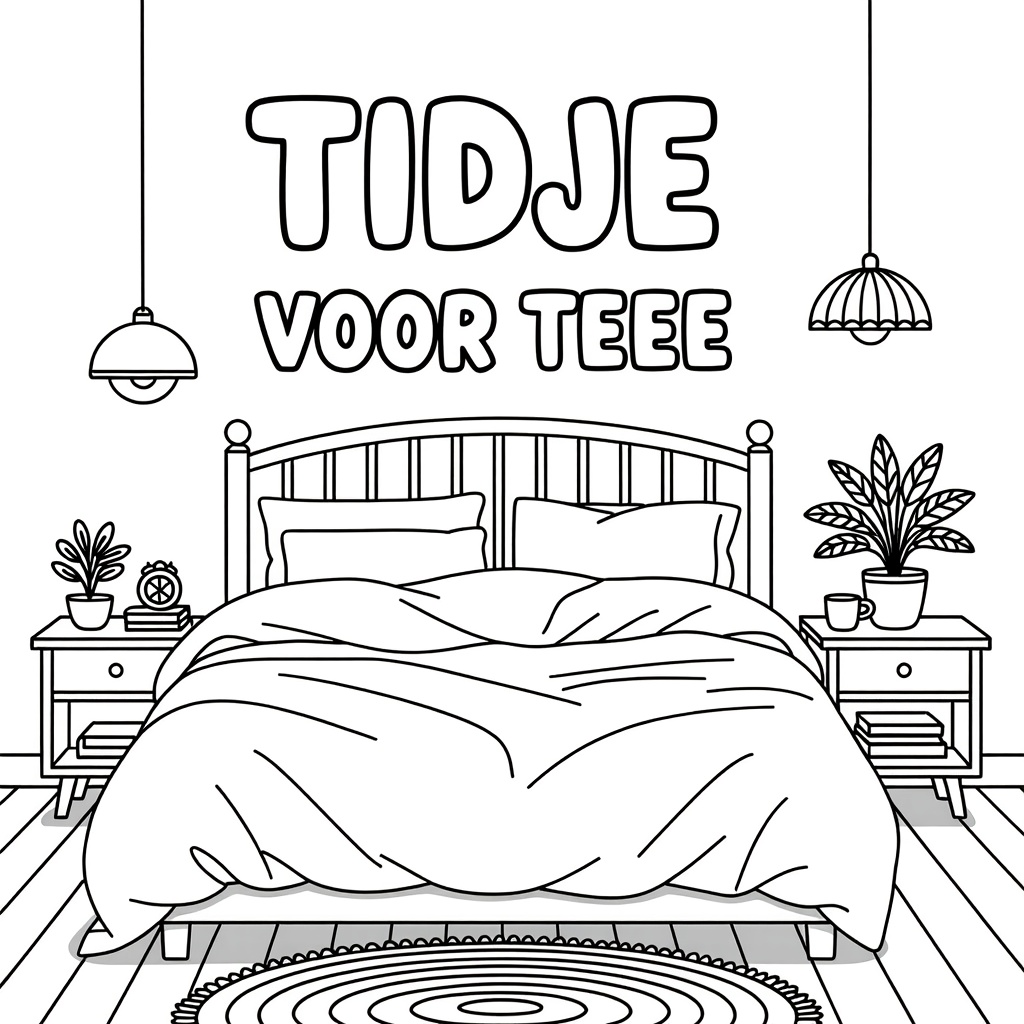 Kleurplaat: EEN TWEEPERSOONSBED MET VERFROMMELDE LAKENS met tekst 'TIJDJE VOOR TEEE'