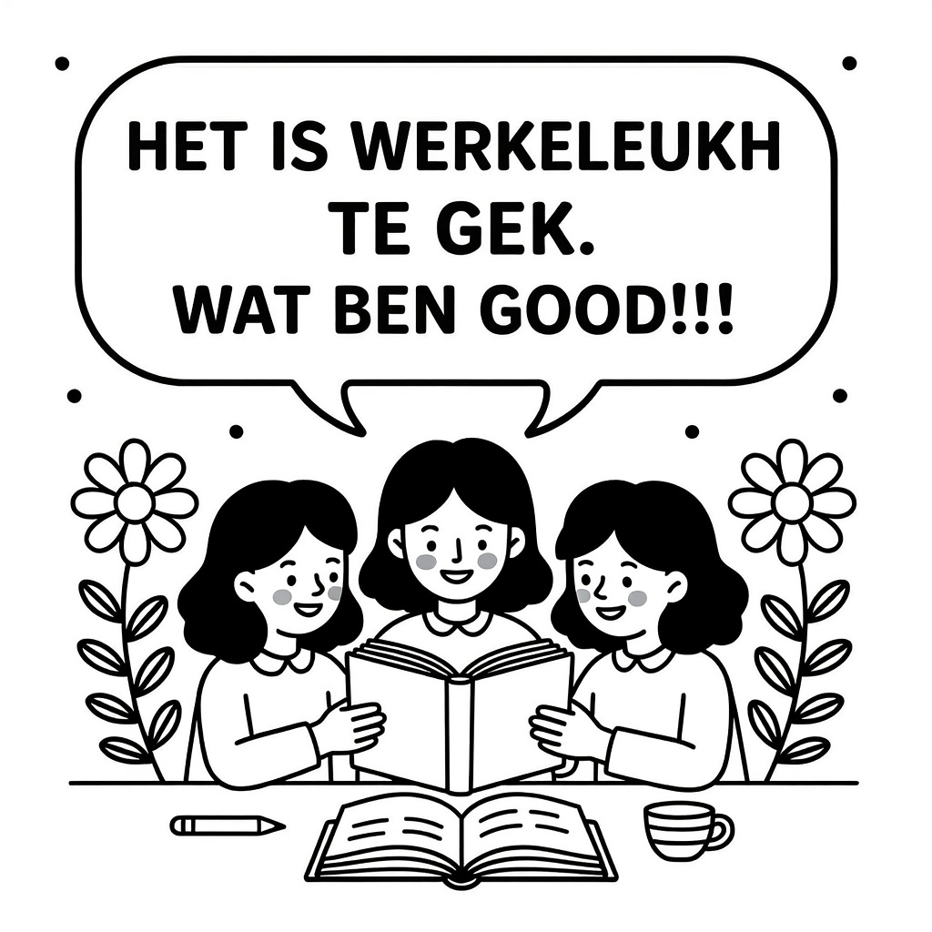 Kleurplaat: Een meiden oek met tekst 'Het is werkelijk te gek. Wat ben jij goed zeg!!’'