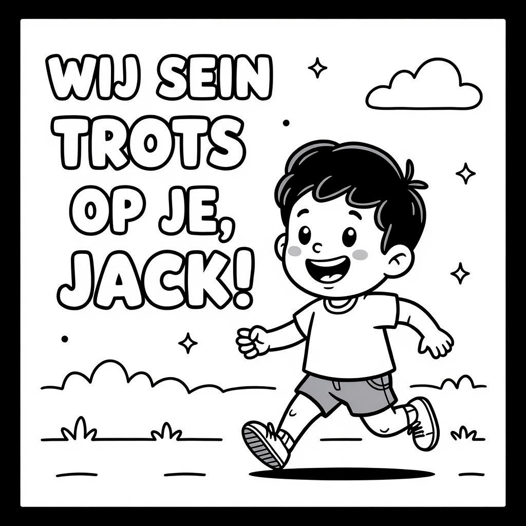 Kleurplaat: hardlopen met tekst 'Wij zijn trots op je, Jack!'