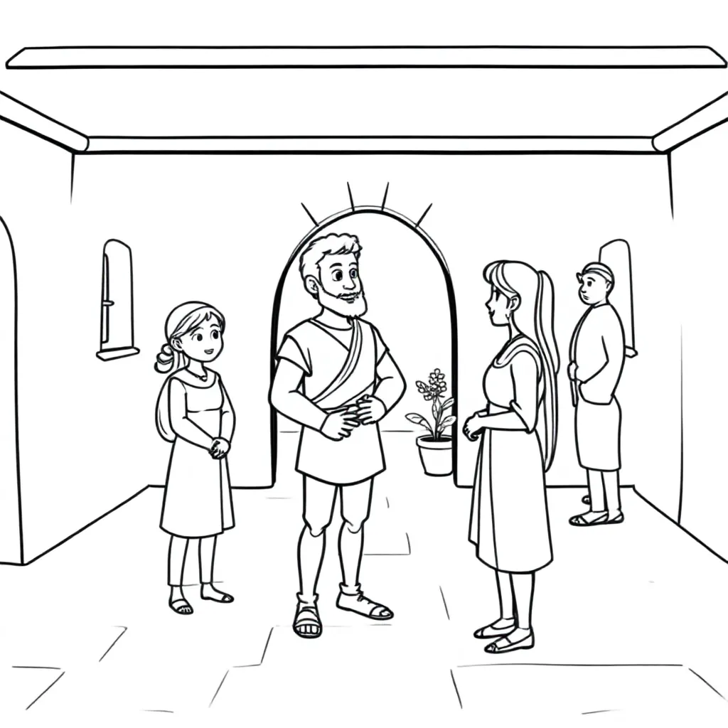 Petrus die op de binnenplaats is, en het dienstmeisje dat tegen hem praat, omringd door anderen