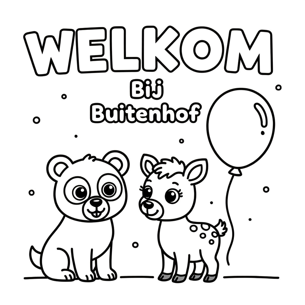 Kleurplaat: Kinderopvang , met dieren, ballonnen , met tekst 'Welkom bij Buitenhof'