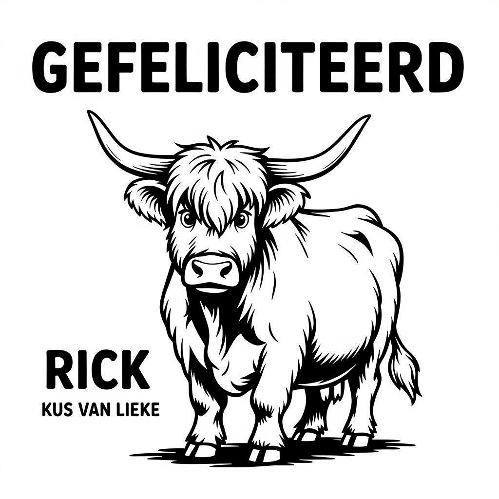 Kleurplaat: schotse hooglander met tekst 'Gefeliciteerd Rick Dikke kus van Lieke'