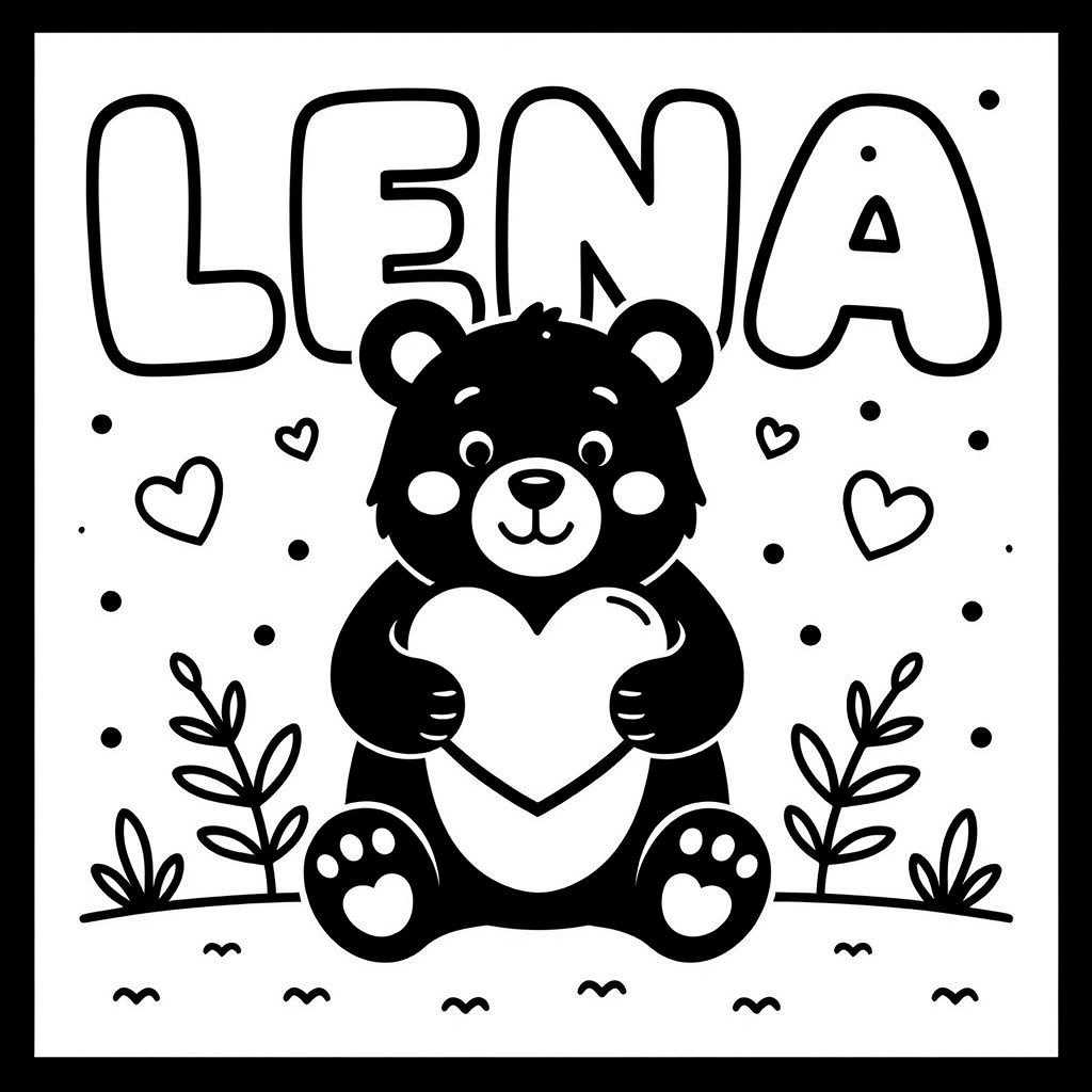 Kleurplaat: Beertje met een hart met tekst 'Lena'