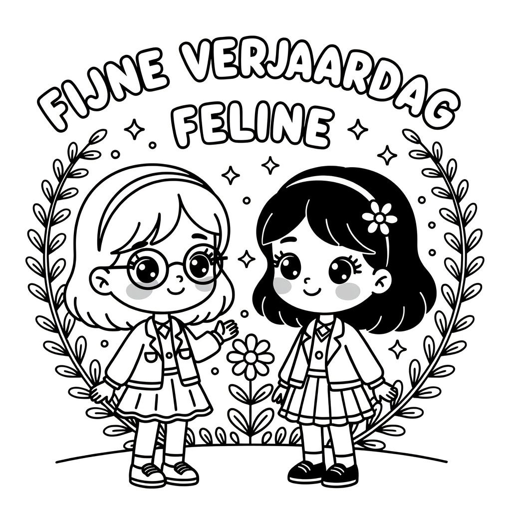 Kleurplaat: kawaii meisje met bril en kawaii meisje zonder bril met rokje en een mooi vestje en shirt met tekst 'fijne verjaardag feline'