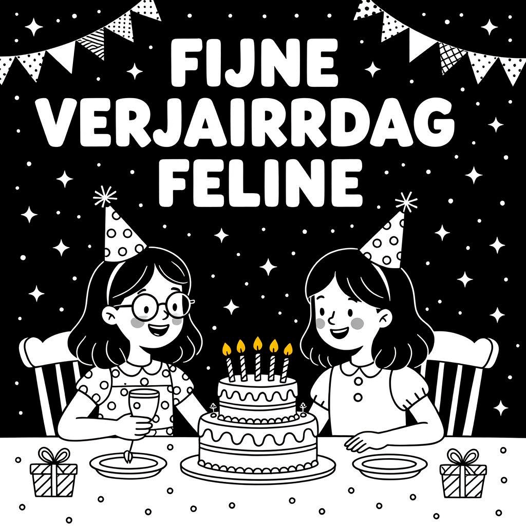Kleurplaat: een verjaardags feest met een meisje met een bril en jurk 9 jaar en meisje 9 jaar jarig met tekst 'fijne verjaardag feline'