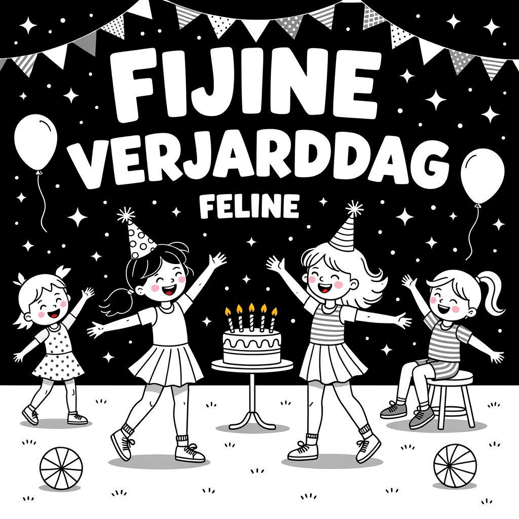 Kleurplaat: een verjaardags feest met een meisje met een bril zwart haar en jurk 9 jaar en meisje blond haar 9 jaar jarig gymen en meer kinderen met tekst 'fijne verjaardag feline'