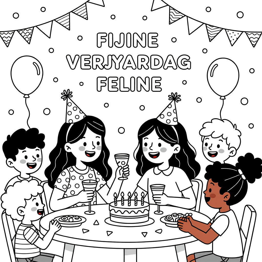 Kleurplaat: een verjaardags feest met een meisje met een bril zwart haar en jurk 9 jaar en meisje blond haar 9 jaar jarig gymen en meer kinderen met tekst 'fijne verjaardag feline'