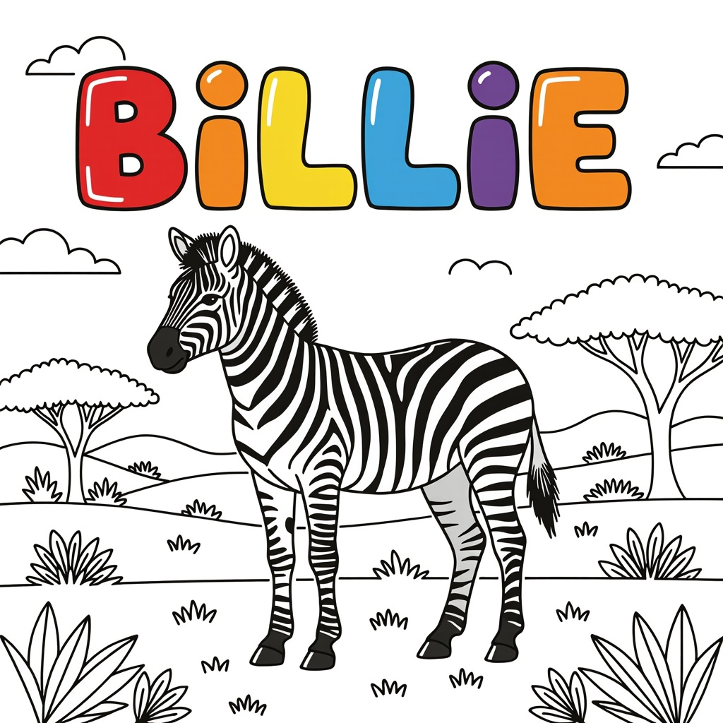 Kleurplaat: zebra met tekst 'BILLIE'