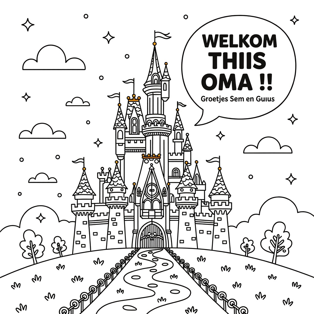 Kleurplaat: kasteel met tekst 'Welkom thuis oma !! Groetjes Sem en Guus'