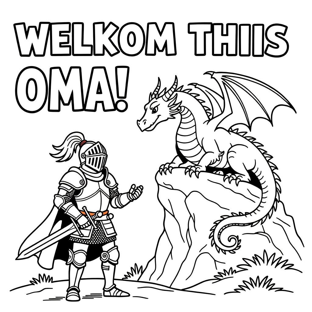 Kleurplaat: ridders met tekst 'Welkom thuis oma !! Groetjes Sem en Guus'