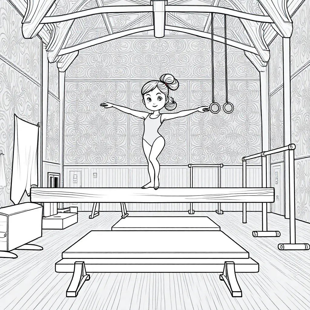 Een meisje wat turnt op de evenwichtsbalk in een sportzaal met andere turntoestellen op de achtergrond. De naam Zoë moet er ook in staan om te kleuren