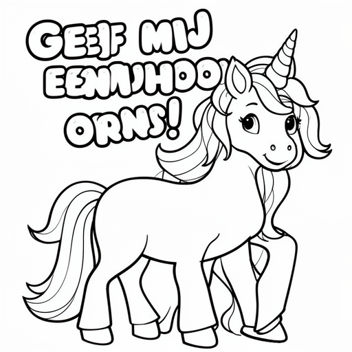 Kleurplaat: Eenhoorn met tekst 'GEEF MIJ EENHOORNS!'