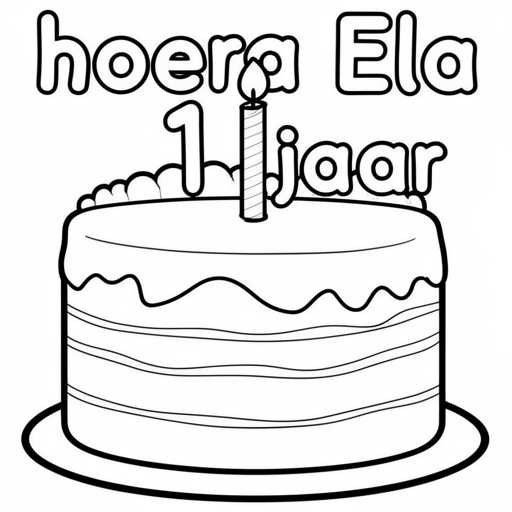 Kleurplaat: verjaardag met tekst 'hoera Ela 1 jaar'