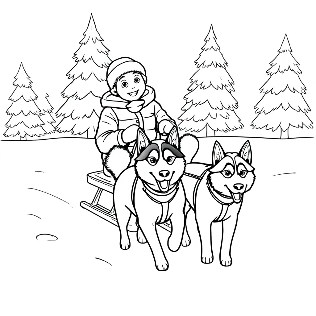 Een jongentje op een slee getrokken door husky’s in een besneeuwd bos