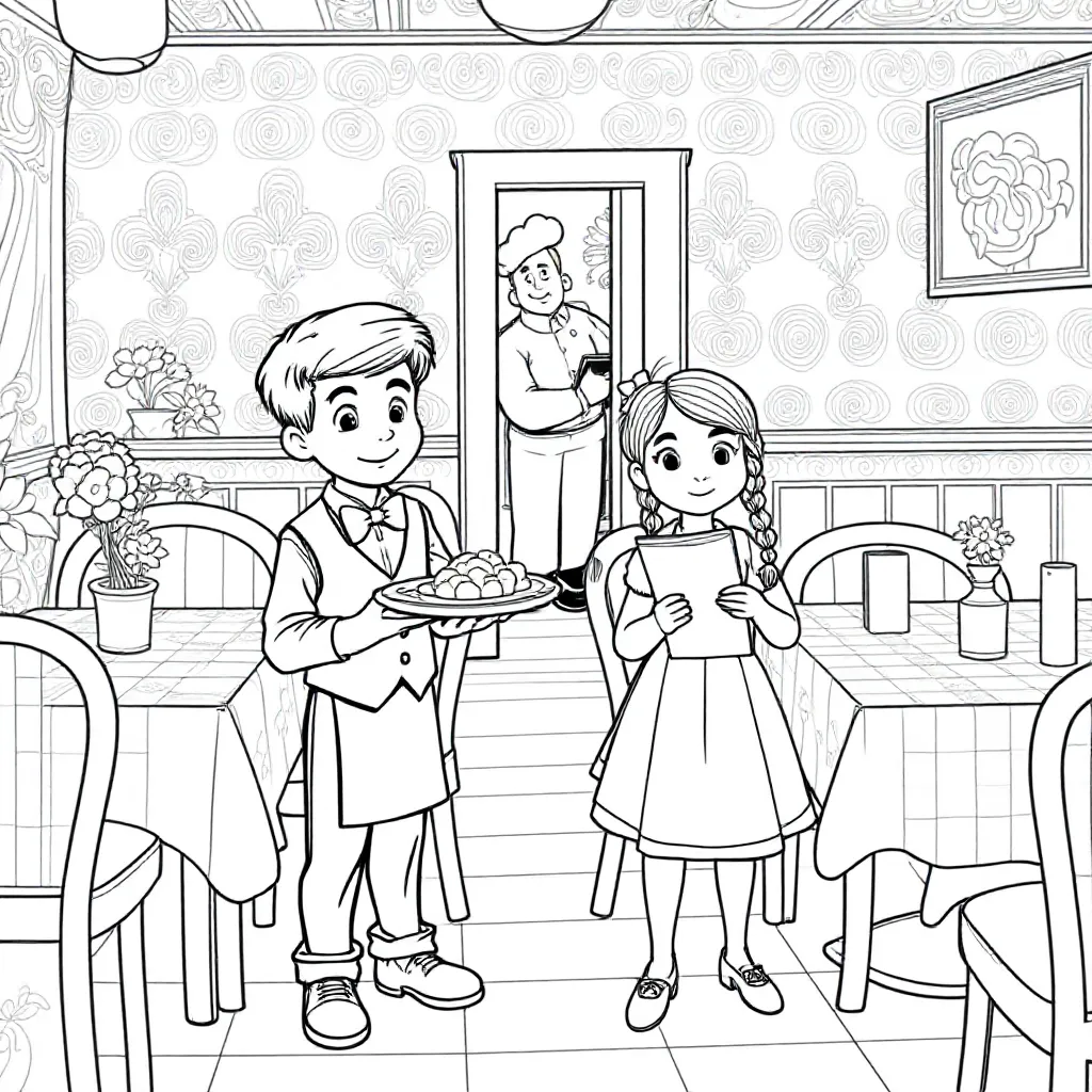 Een lege kleurplaat van allemaal kinderen die bedienen in een restaurant