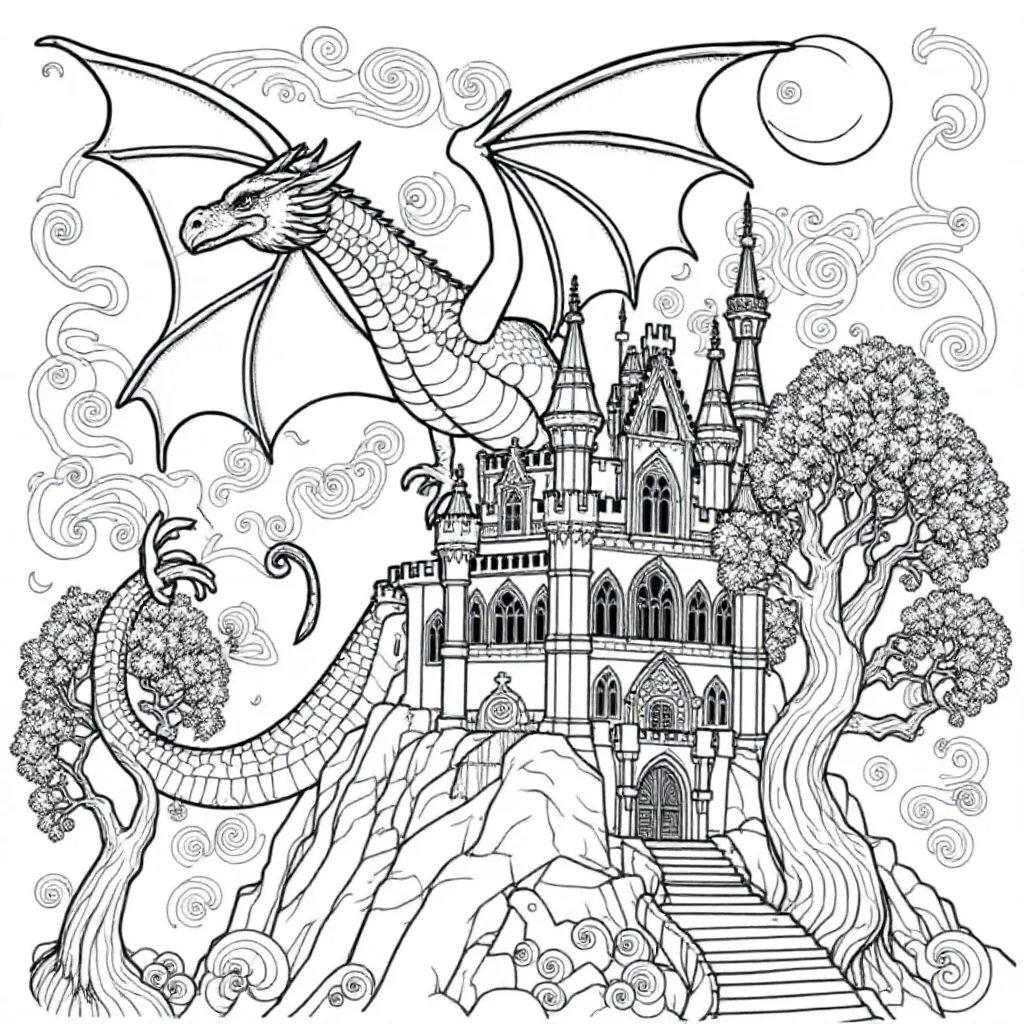 een magische draak die over een kasteel vliegt