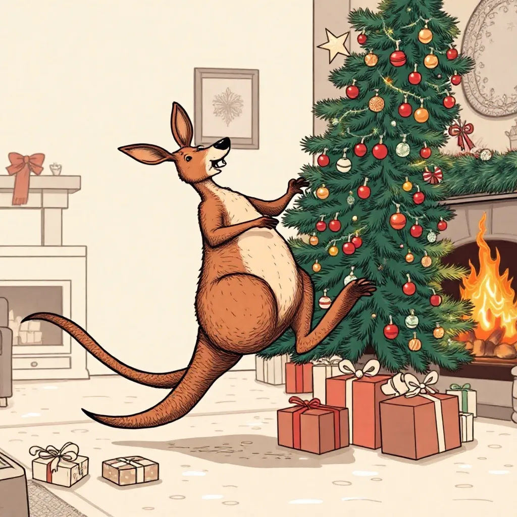 een kangeroe die door een kamer hupst en een kerstboom om stoot