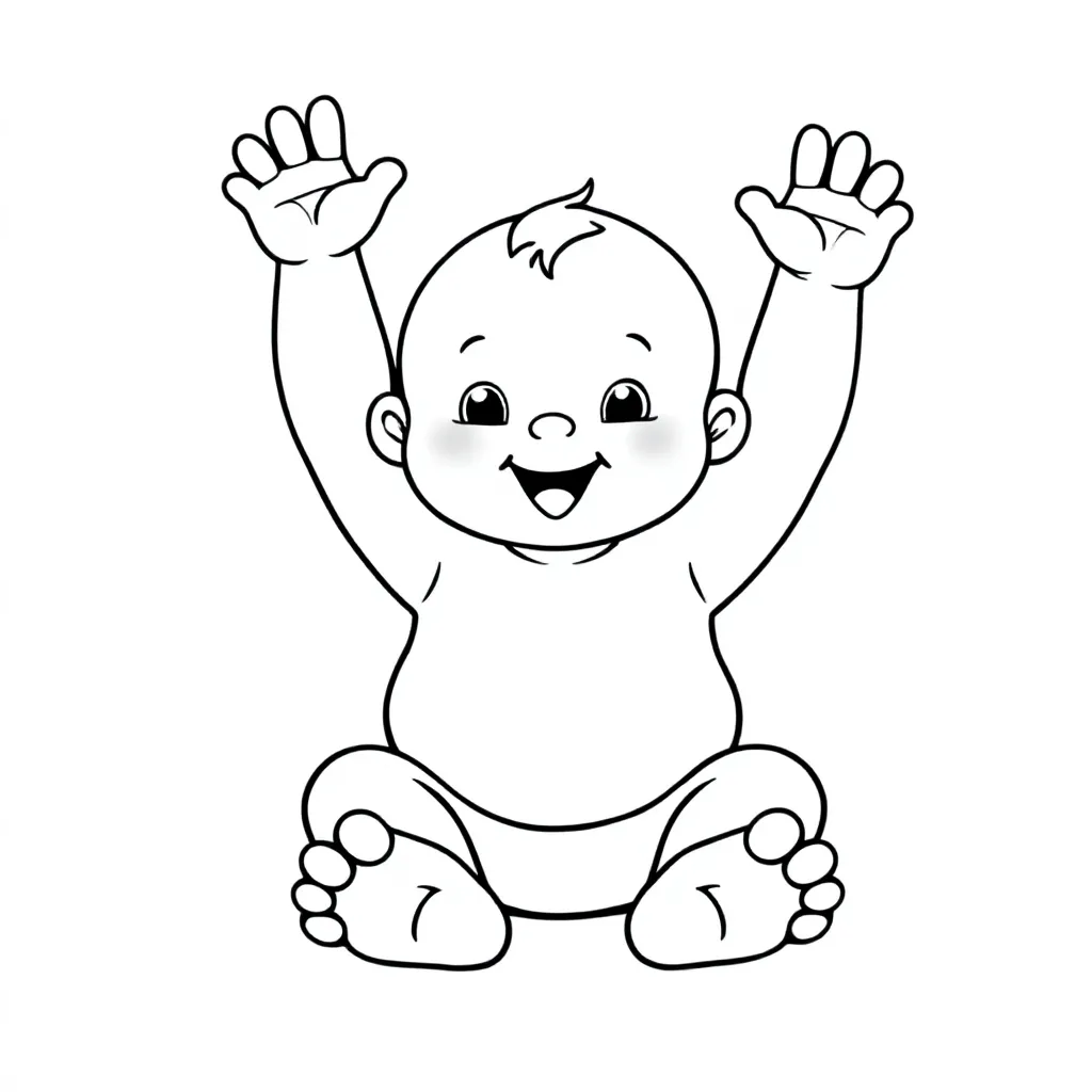 Zittende baby met armen in de lucht met 5 normale tenen, 5 normale vingers