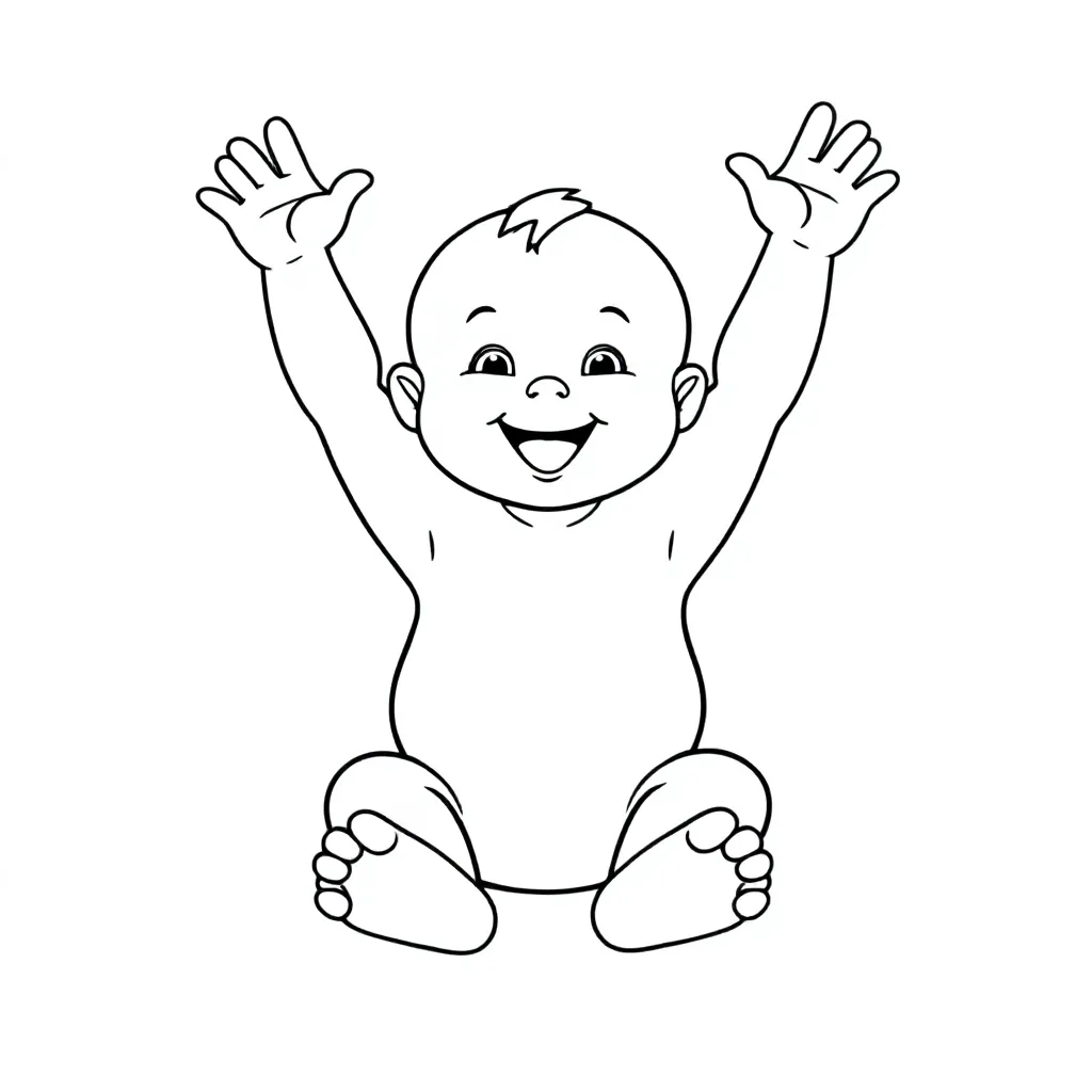 Zittende baby met armen in de lucht met 5 normale tenen, 5 normale vingers