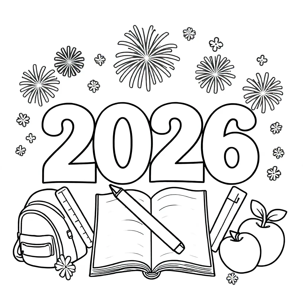 Maak een kleurplaat waarin het jaartal 2026 centraal staat. Verwerk daarin voorwerpen die te maken hebben met school. Als extra versiering is er vuurwerk en sneeuw.